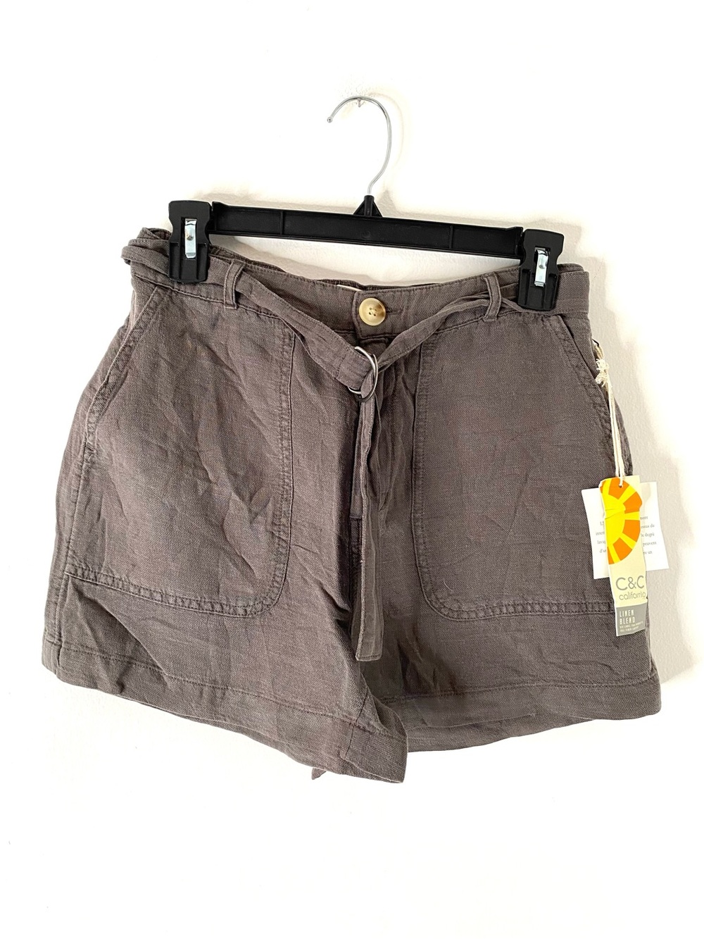 C&C California Grey Linen Blend Belted Shorts NWT Zip Fly Ring Belt Closure